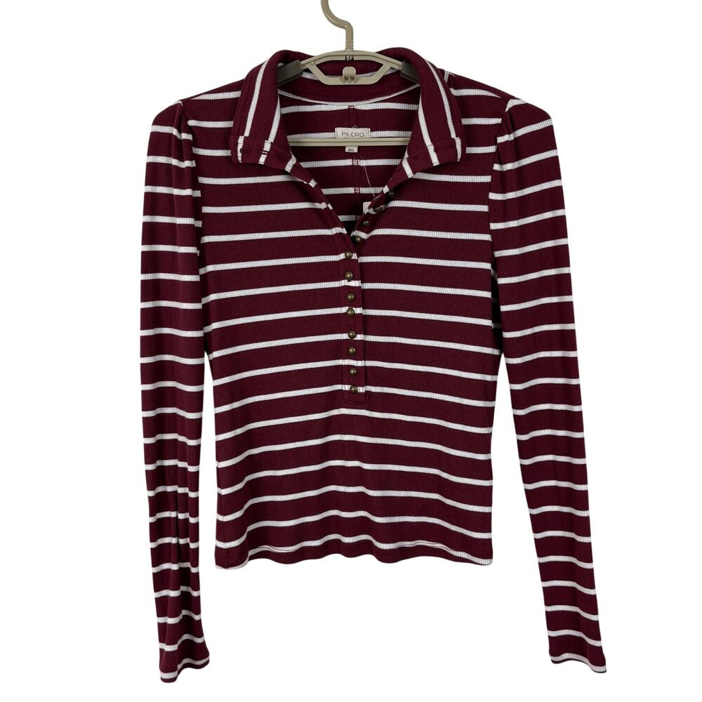 Pilcro Anthropologie Slim Buttondown Long-Sleeve Top NEW Small Wine Red Stripe